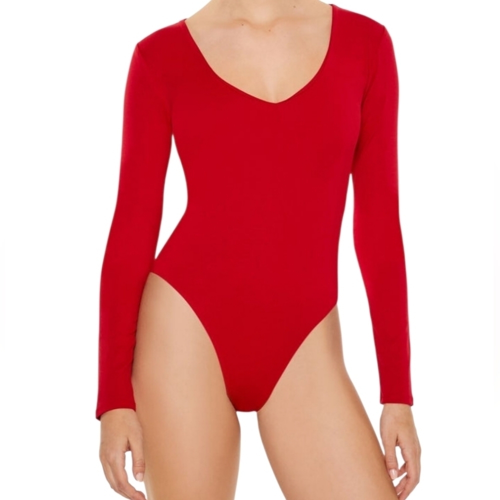 Red Sculped V-neck Long-Seeved Bodysuit